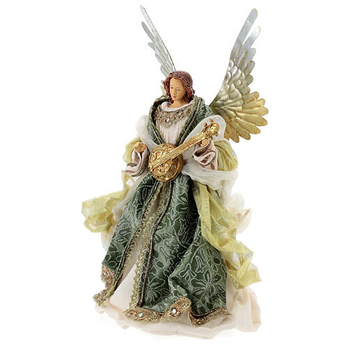 Angel tree topper with mandolin 45 cm green gold fabric Venetian style 3