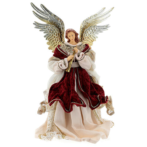 Angel with flute 45 cm, resin and fabric, red and gold, Venitian style 1