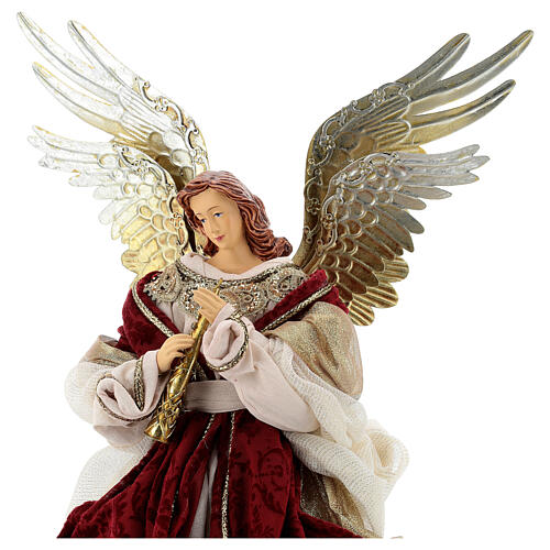 Angel with flute 45 cm, resin and fabric, red and gold, Venitian style 2