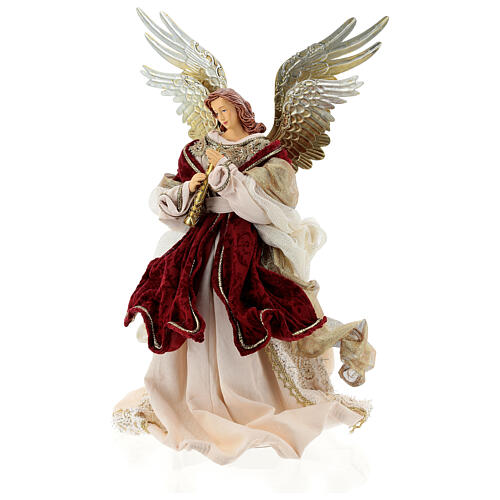 Angel with flute 45 cm, resin and fabric, red and gold, Venitian style 3