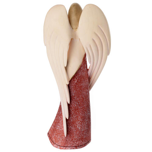 Angel "Flamingo" praying with hands to the heart, Val Gardena painted wood, red dress 5