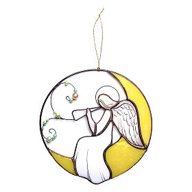 Angelo con flauto sulla luna in vetro colorato