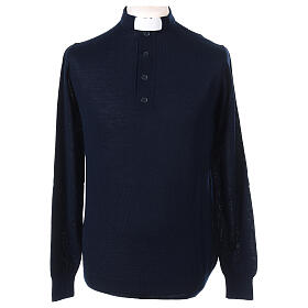 Sweater with clergy collar, blue merino wool