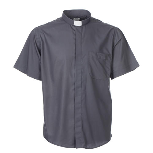 STOCK Clergy shirt, short sleeves in dark grey mixed cotton 3