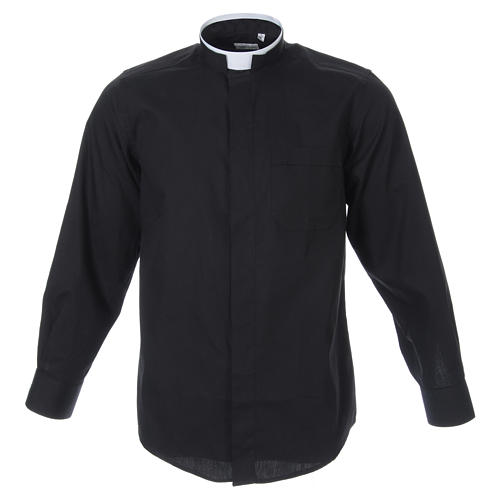 STOCK Clergy shirt, roman collar, long sleeves in black poplin 1