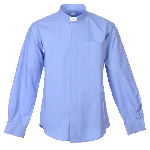 STOCK Clergy shirt, long sleeves in light blue mixed cotton 1