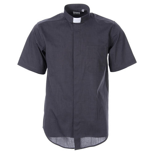STOCK Clergy shirt in dark grey fil-a-fil cotton, short sleeves 1