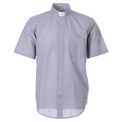 STOCK Clergy shirt in light grey fil-a-fil cotton, short sleeves 1