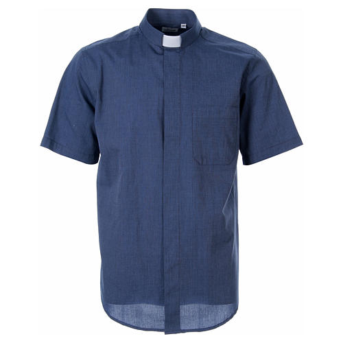 STOCK Clergy shirt in blue fil-a-fil cotton, short sleeves 1
