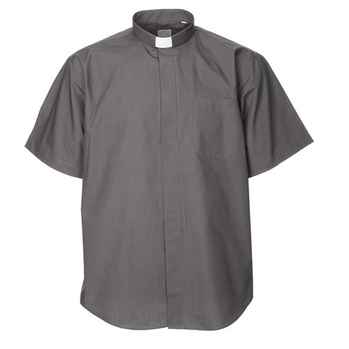STOCK Camicia clergyman manica corta popeline grigio scuro 1