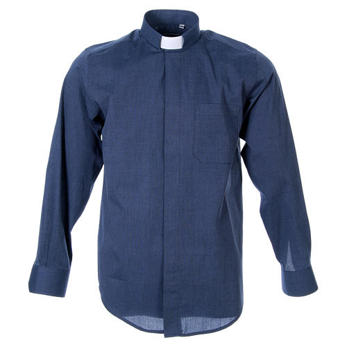 STOCK Collarhemd mit Langarmaus Fil-à-Fil-Baumwollmischung in der Farbe Blau 1