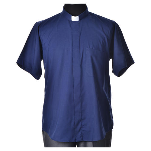 STOCK Clergyman shirt, short sleeves, blue mixed cotton 4