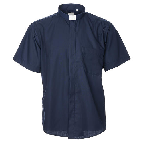 STOCK Camisa clergy manga corta, mixto algodón azul 1