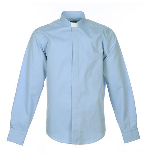 Clergy shirt Long sleeves easy-iron mixed herringbone cotton Light Blue Cococler 1
