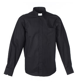 Collarhemd mit Langarm aus leicht zu bügelnden Baumwoll-Polyester-Mischgewebe mit Fischgrätenmuster in der Farbe Schwarz