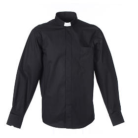 Clerical Shirts and collars: Clergy shirt Long sleeves easy-iron mixed herringbone cotton Black