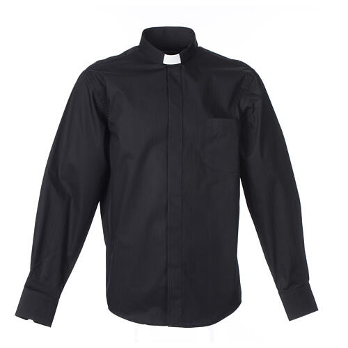 Clergy shirt Long sleeves easy-iron mixed herringbone cotton Black Cococler 1