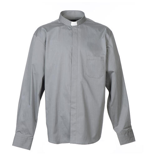 Grey clerical shirt Long sleeves easy-iron mixed herringbone cotton Cococler 1