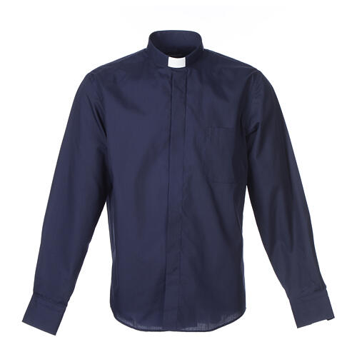 Long-sleeve clergy shirt solid color mixed cotton Blue Cococler 1