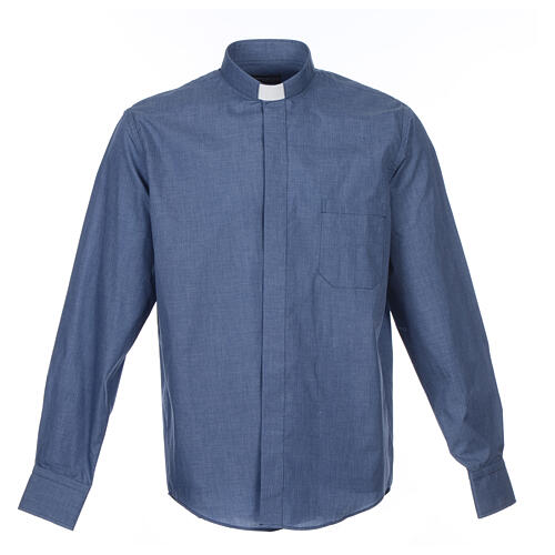 Collarhemd mit Langarm aus Baumwoll-Polyester-Mischgewebe einfarbig Jeansblau Cococler 1