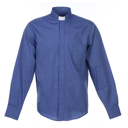 Clerical shirt long sleeves fil-à-fil mixed cotton, blue Cococler 1