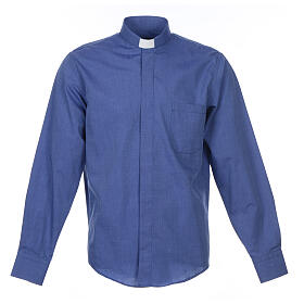 Long-sleeve clergy shirt fil-à-fil mixed cotton, blue Cococler