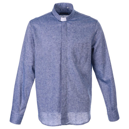 Clerical shirt in blue linen and cotton, long sleeves, Cococler 1