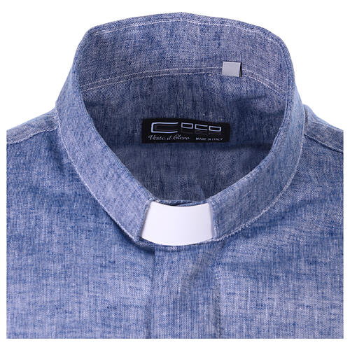 Clerical shirt in blue linen and cotton, long sleeves, Cococler 3