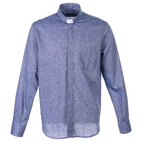 Long-sleeve clergy shirt, blue linen and cotton Cococler