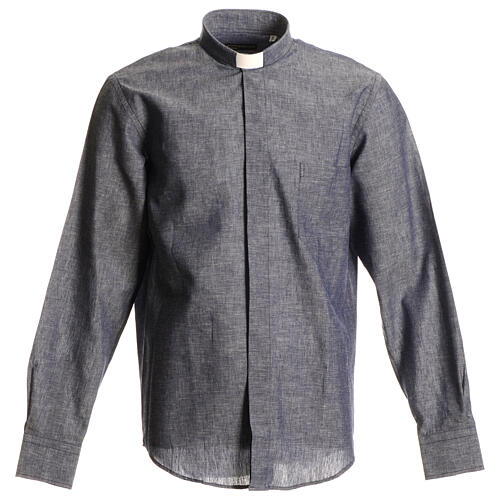Long-sleeve clergy shirt, blue linen and cotton Cococler 1