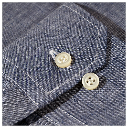 Long-sleeve clergy shirt, blue linen and cotton Cococler 4