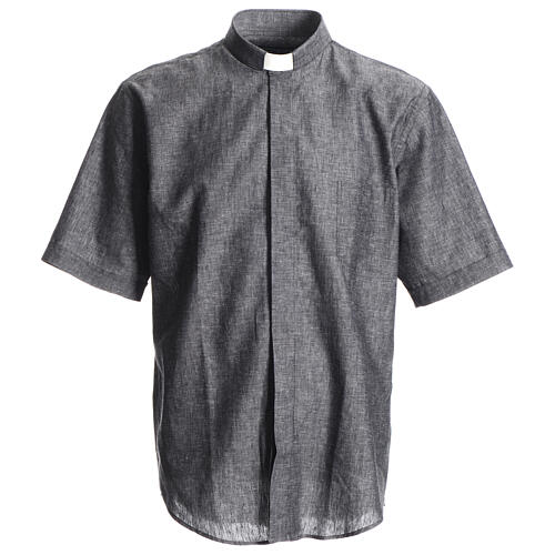 Short sleeve clergy shirt, grey linen and cotton Cococler 1