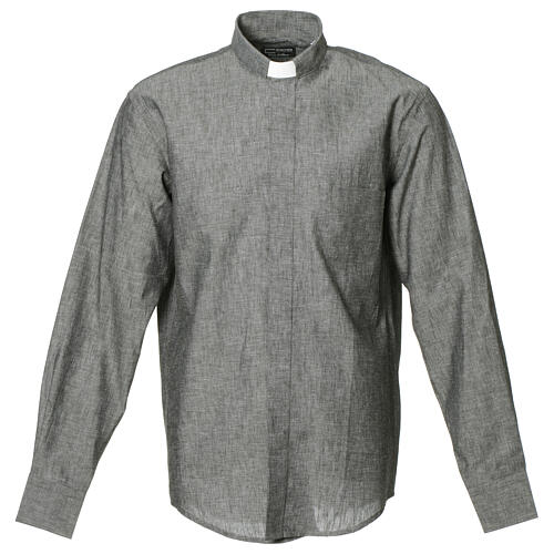 Camisa clergy sacerdotal lino algodón gris manga larga Cococler 1