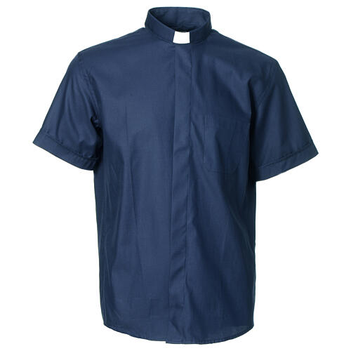 Camisa clergy sacerdote mixto algodón poliéster azul manga corta Cococler 1