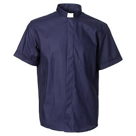 Blue short sleeves clergy shirt, cotton and polyester