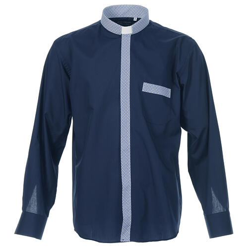 Blue long sleeve clergy shirt with contrast crosses Cococler 1