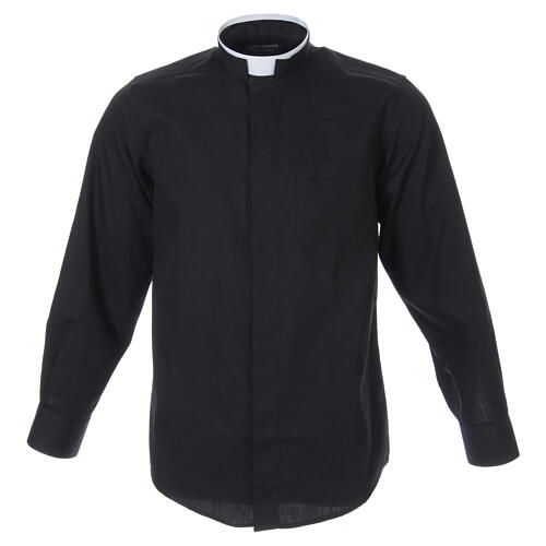 Clergyman Shirt with roman collar, black long sleeves, mixed cotton Cococler 1