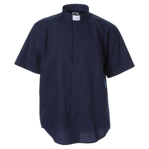 STOCK clergyman shirt with short sleeves in blue poplin 1