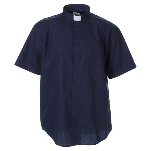 STOCK Camicia clergyman manica corta popeline blu 1