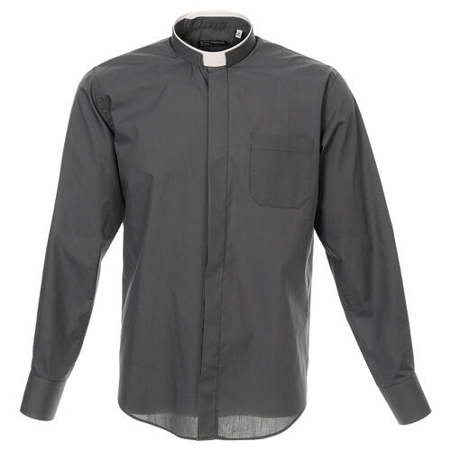Long sleeved plain dark grey shirt, roman collar 1