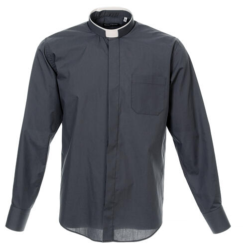 Long sleeved plain dark grey shirt, roman collar Cococler 1