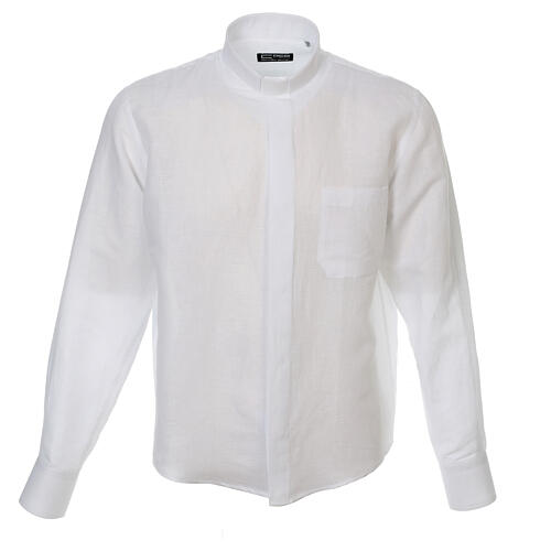 Clergy shirt, white cotton and linen, long sleeves Cococler 1