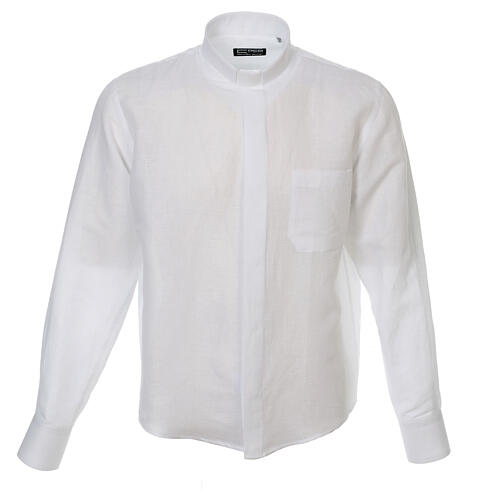 Clergy shirt, white linen and cotton blend, long sleeve, Cococler 1