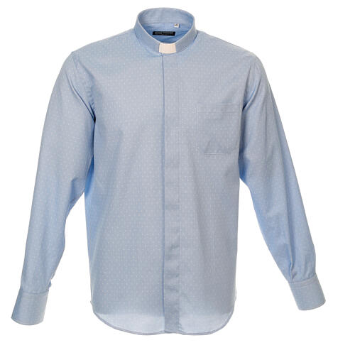 Long sleeved clergy shirt, light blue fabric, cross pattern Cococler 1