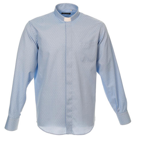 Long-sleeved clergy shirt, light blue fabric, cross pattern, Cococler 1