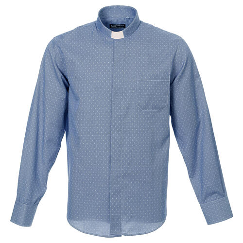 Long sleeved clergy shirt, blue fabric, cross pattern Cococler 1