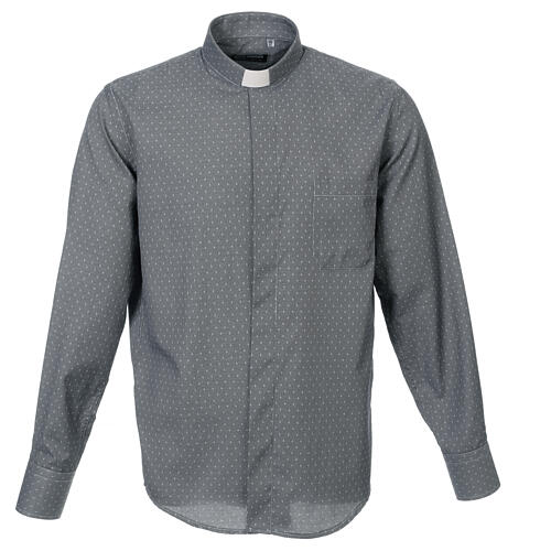 Long sleeved clergy shirt, grey fabric, cross pattern Cococler 1
