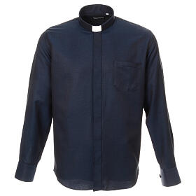 Long sleeved shirt, clergy collar, honeycomb blue silk Cococler