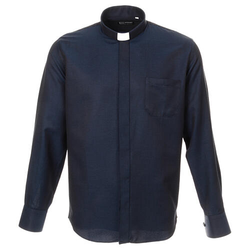 Long sleeved shirt, clergy collar, honeycomb blue silk Cococler 1
