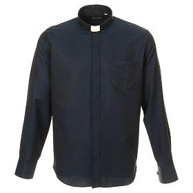 Koszule kapłańskie: Koszula kapłańska, z jedwabiem, wzór plaster miodu, granatowa, Długi Rękaw Koszule kapłańskie: Koszula kapłańska, z jedwabiem, wzór plaster miodu, granatowa, Długi Rękaw